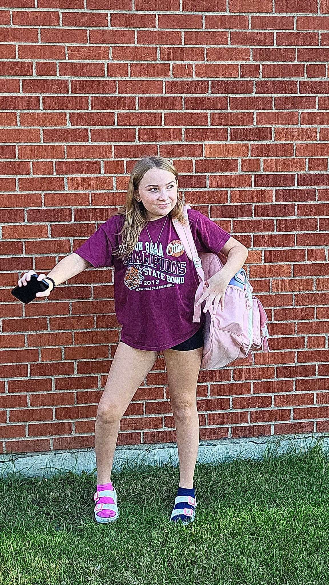 Victoria joined the competition — help win amazing prizes! blond, brick, brickwork, electric_blue, flash_photography, grass, happy, human_leg, joy, knee, leisure, magenta, person, pink, player, purple, smile, sneakers, sportswear, t_shirt