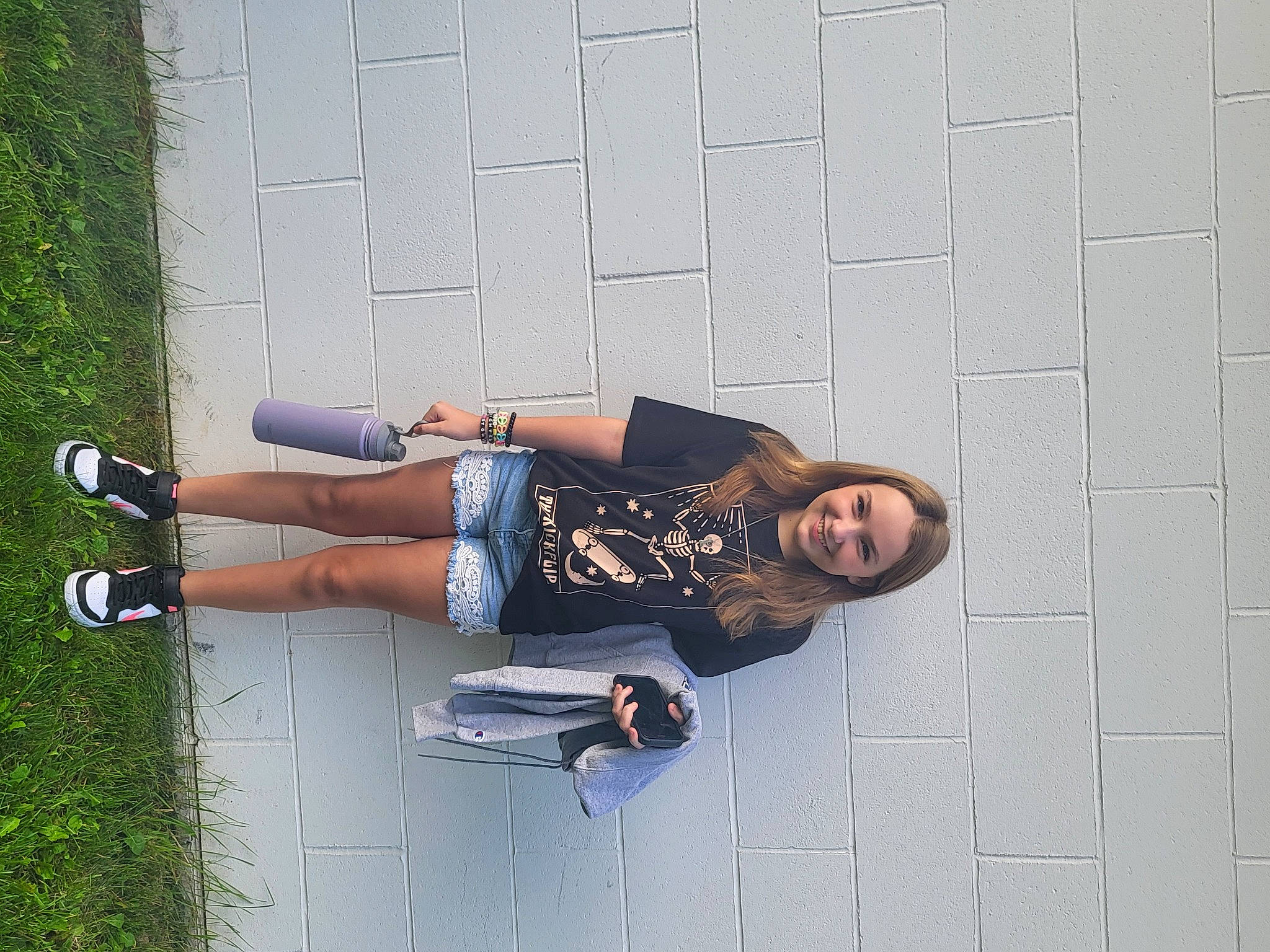 Victoria joined the competition — help win amazing prizes! arm, clothing, denim, dress, elbow, eyewear, footwear, human_leg, joy, knee, leg, leisure, outdoor_shoe, person, shoe, sitting, smile, sneakers, thigh, waist