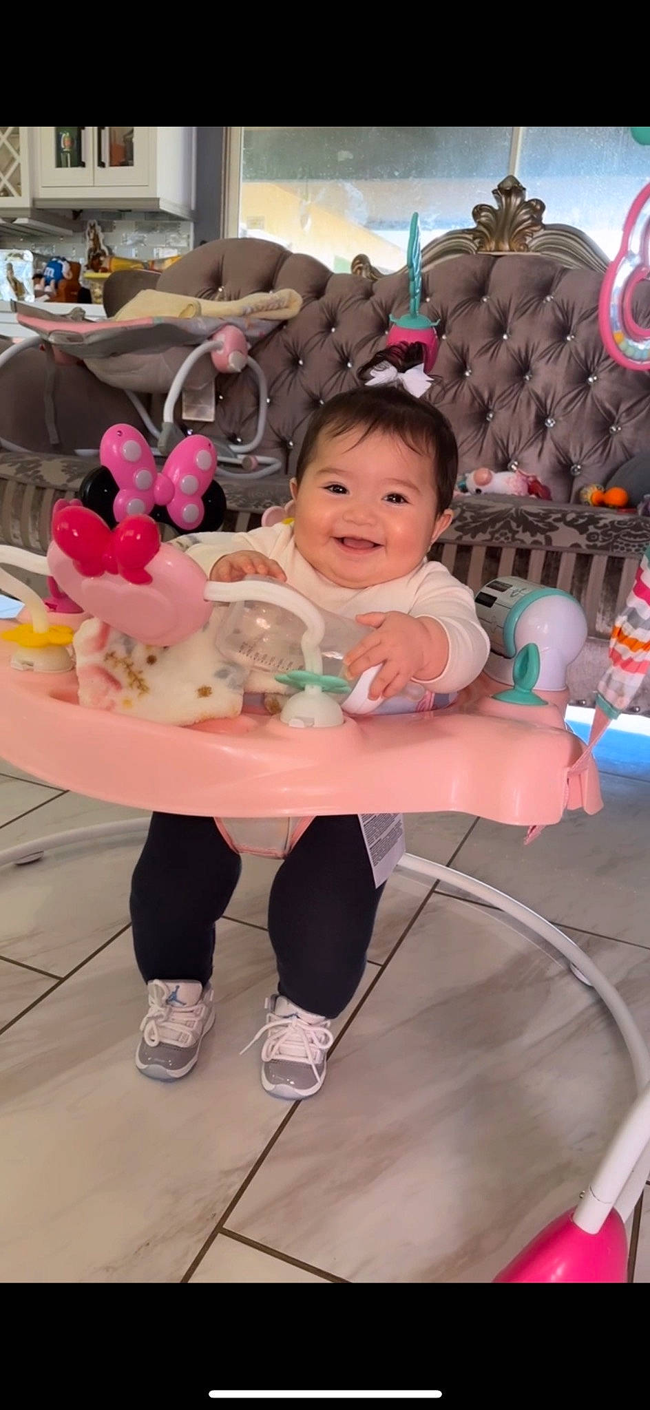 Annalise is registered to the contest to win money with this photo: baby, baby_products, baby_toddler_clothing, chair, child, event, fun, happy, joy, leisure, magenta, person, petal, pink, recreation, sitting, smile, sweetness, table, tableware
