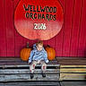 Oliver is registered to the contest to win money with this photo: child, toddler, baby, sitting, serious_expression, pumpkin, apple_sign, orchard, autumn, farm, outdoor, wooden_bench, rustic, red_background, blue_hoodie, patterned_pants, spiderman, shoes, portrait, seasonal