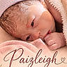 baby, blanket, calligraphy, close_up, cozy, eyes, face, family_photo, fist, hand, hat, indoors, infant, name_text, newborn, pink, portrait, sleeping, soft_lighting, text_overlay