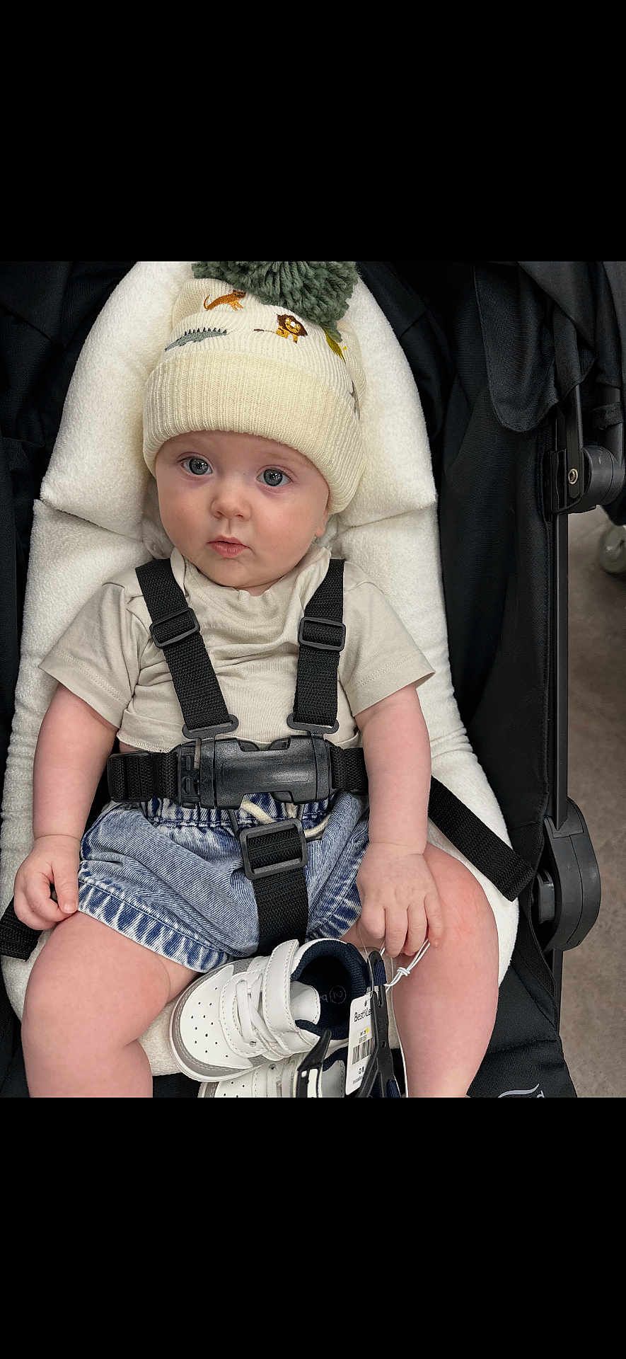 Mason is registered to the contest to win money with this photo: baby, infant, child, stroller, hat, beanie, pom_pom, harness, buckle, shorts, shoes, sneakers, shoe_tag, hand, face, eyes, cheeks, seat, blanket, clothing