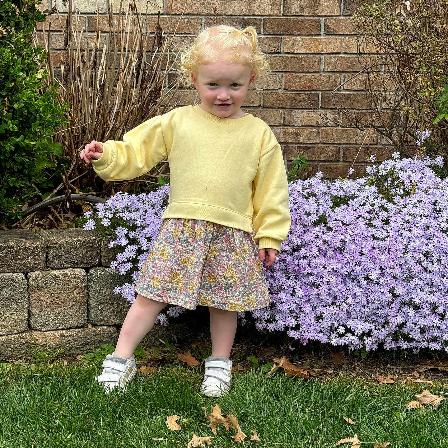 Sutton is registered to the contest to win money with this photo: backyard, brick, clothing, face, flower, geranium, grass, head, herbal, herbs, nature, outdoors, person, photography, plant, portrait, purple, shorts, skirt, yard