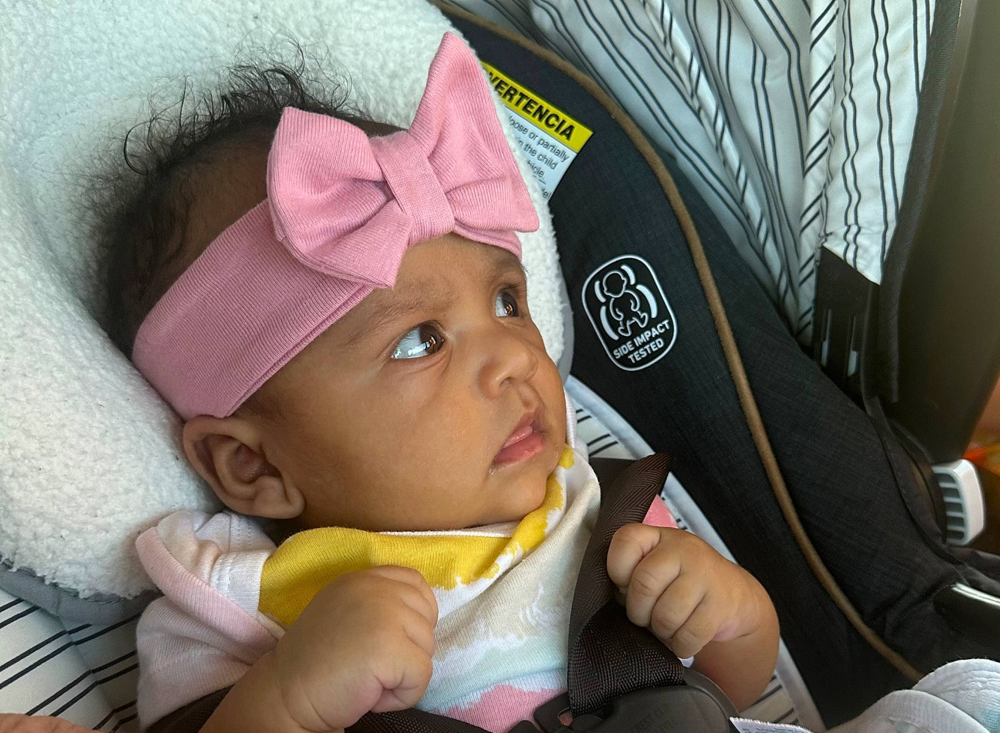 Angela is registered to the contest to win money with this photo: baby, baby_carriage, baby_products, baby_safety, baby_sleeping, cap, car_seat, cheek, comfort, eye, eyelash, fashion_accessory, finger, gesture, hand, headgear, headwear, linens, person, skin