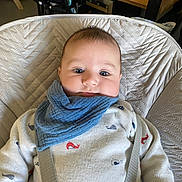 Ezra participe au concours pour gagner de l'argent avec cette photo : baby, infant, blue_bib, whale_pattern, sweater, quilted_cushion, indoor, child, face, eyes, hand, clothing, seat, relaxing, cute, person, portrait, soft_lighting, background_objects, home