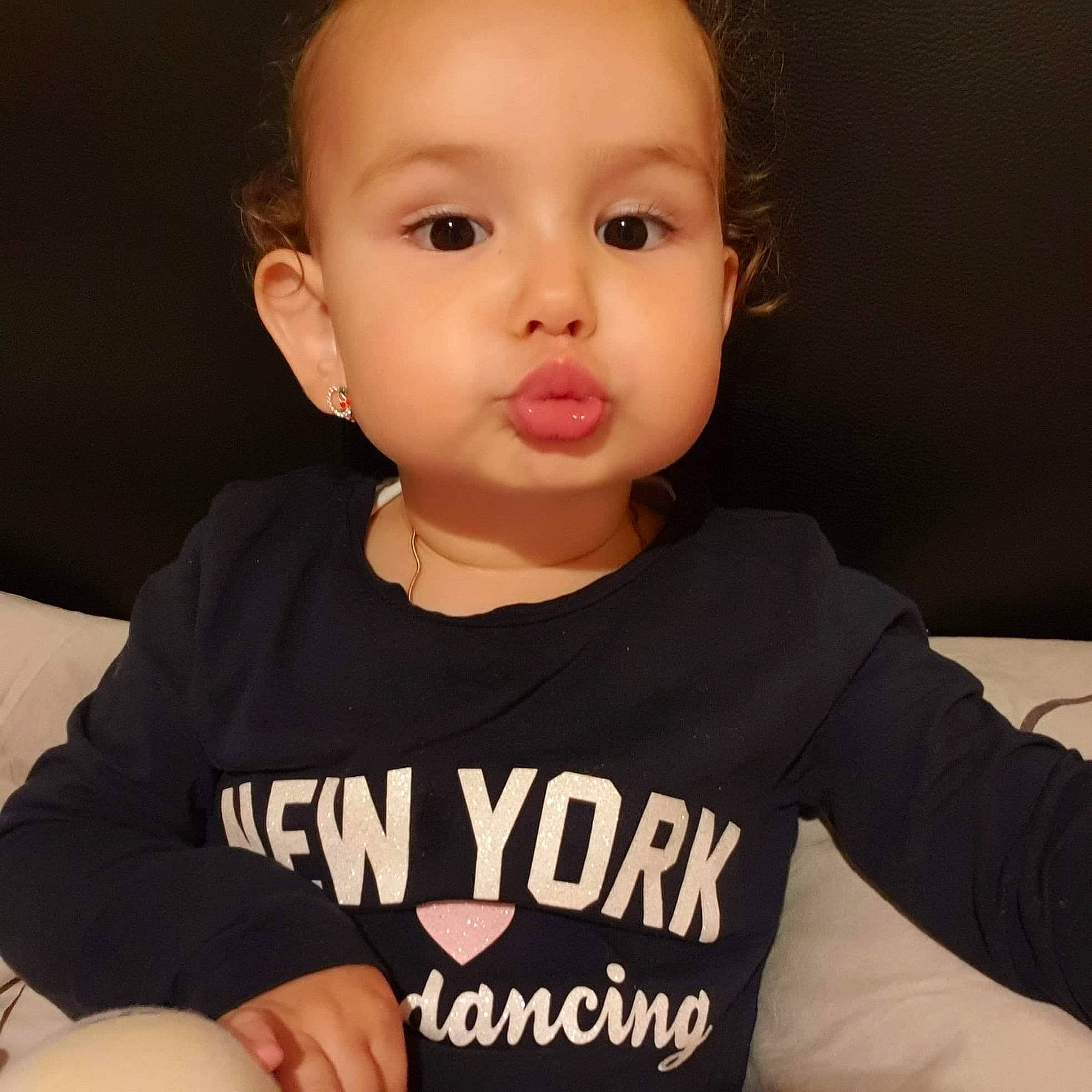 Karina joined the competition — help win amazing prizes! arm, baby_toddler_clothing, cheek, eye, eyebrow, eyelash, face, finger, flash_photography, gesture, hair, hand, happy, head, human_body, mammal, mouth, neck, person, sleeve