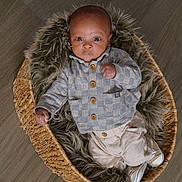 Emerson is registered to the contest to win money with this photo: baby, basket, fur, floor, clothing, indoor, infant, person, portrait, cute, newborn, wooden_floor, cozy, looking_up, small, child, soft_texture, buttoned_jacket, white_shoes, wrapped