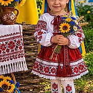Emilia joined the competition — help win amazing prizes! child, girl, toddler, portrait, smiling, flower_crown, sunflowers, bouquet, traditional_clothing, embroidered_dress, folk_costume, ukrainian_flag, outdoor, garden, village, flower_basket, ceramic_vase, textile, wooden_fence, red_shoes