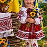 child, girl, toddler, portrait, smiling, flower_crown, sunflowers, bouquet, traditional_clothing, embroidered_dress, folk_costume, ukrainian_flag, outdoor, garden, village, flower_basket, ceramic_vase, textile, wooden_fence, red_shoes