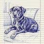 Bluey is registered to the contest to win money with this photo: dog, sketch, pen_drawing, lined_paper, collar, couch, artwork, drawing, animal, pet, sitting, detailed, cross_hatching, notebook, hand_drawn, fur_texture, portrait, relaxed, indoor, illustration
