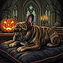 Rennala is registered to the contest to win money with this photo: dog, brindle, cushion, pumpkin, jack_o_lantern, candles, gothic, windows, books, spooky, halloween, illustration, animal, indoor, decor, table, ears, eyes, nose, fur