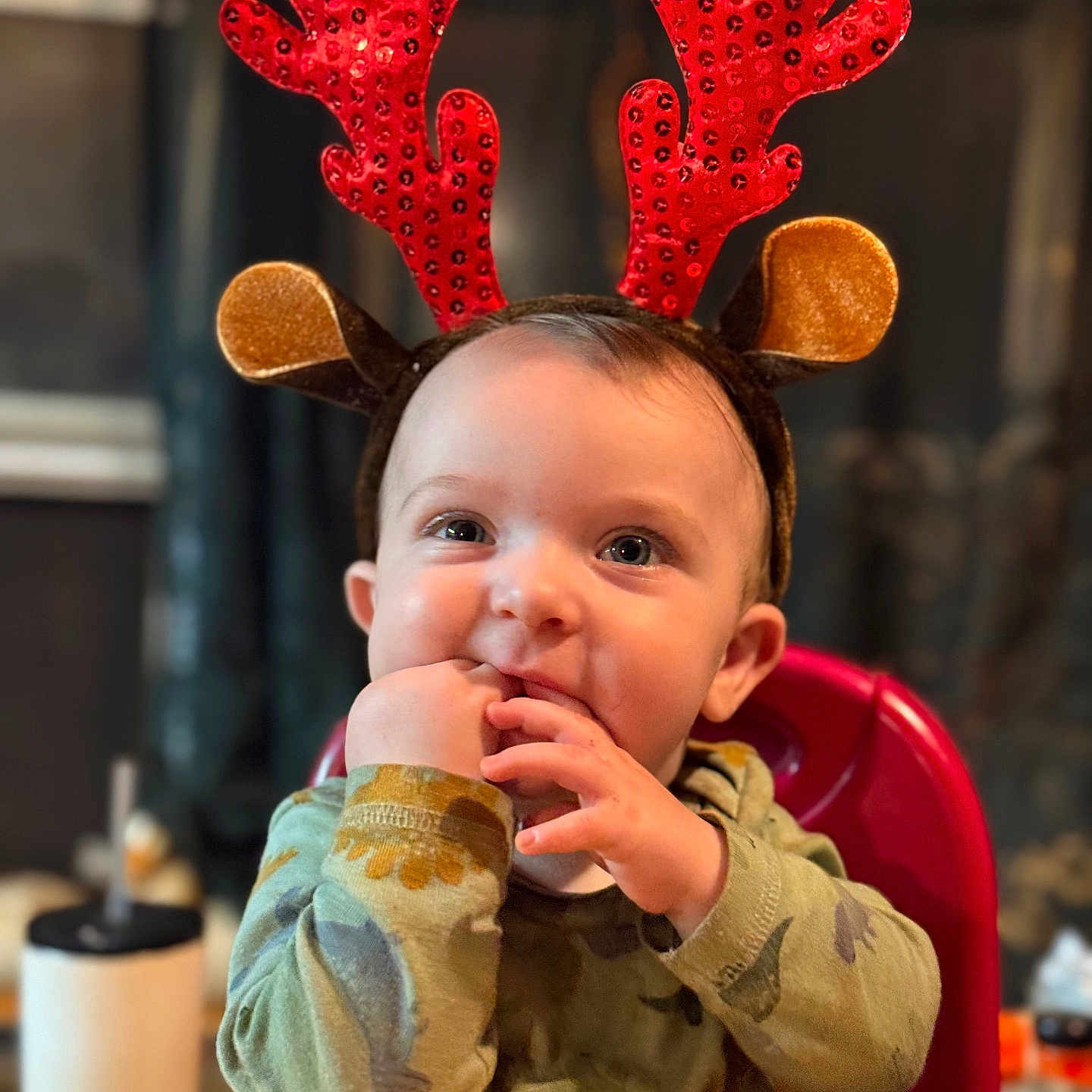 Buck is registered to the contest to win money with this photo: baby, child, clothing, cute, expression, face, festive, food, green, hand_in_mouth, high_chair, holiday_costume, indoor, portrait, red, reindeer_antlers, seat, snack, table, toddler