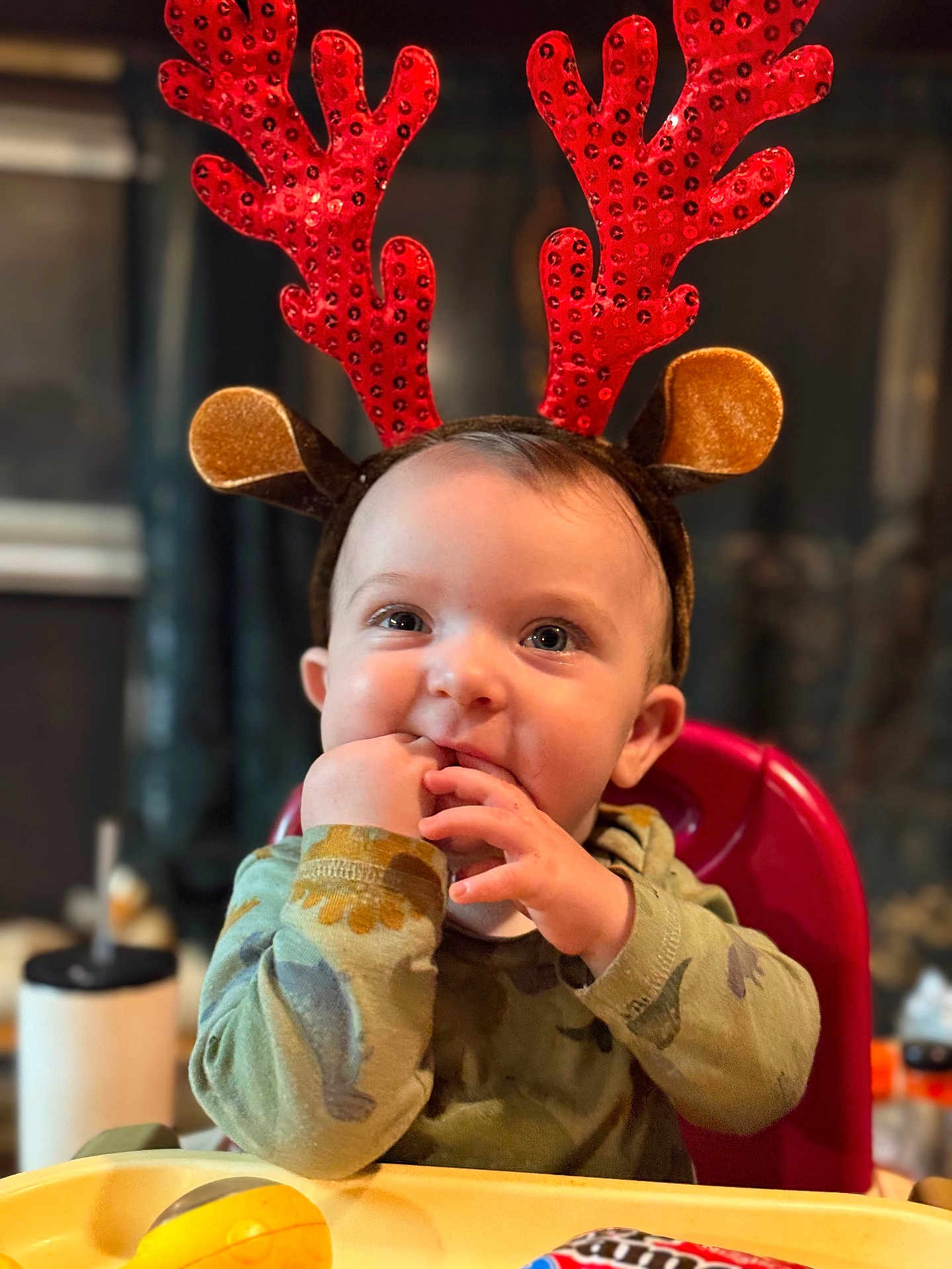 Buck is registered to the contest to win money with this photo: baby, child, clothing, cute, expression, face, festive, food, green, hand_in_mouth, high_chair, holiday_costume, indoor, portrait, red, reindeer_antlers, seat, snack, table, toddler