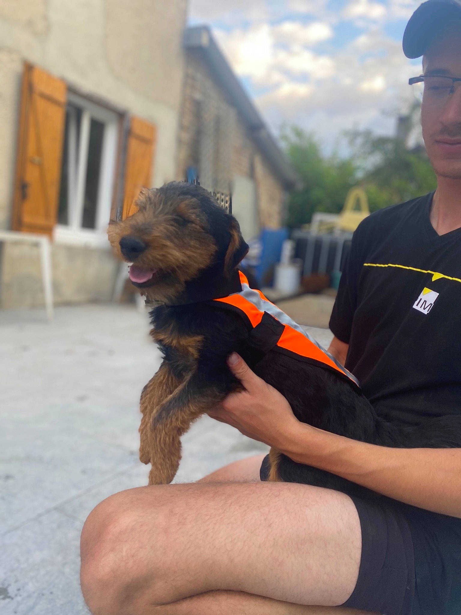 Snoopy participe au concours pour gagner de l'argent avec cette photo : baseball_cap, canidae, cap, carnivore, cloud, companion_dog, dog, dog_breed, fawn, hat, human_leg, personal_protective_equipment, sitting, sky, small_terrier, sporting_group, t_shirt, terrier, water_dog, working_animal