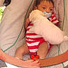 Angelo is registered to the contest to win money with this photo: adorable, baby, chair, child, closeup, comfort, cushion, cute, dog, indoor, infant, onesie, pacifier, pet, playful, puppy, resting, snuggle, striped_clothing, young_child