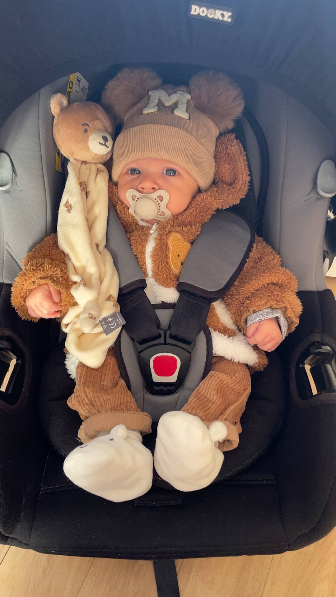 Mayron participe au concours pour gagner de l'argent avec cette photo : baby, brown, car_seat, child, comfort, corduroy_pants, cute, floor, fuzzy_clothing, hat, indoor, infant, pacifier, person, plush_toy, seatbelt, straps, teddy_bear, warm_clothing, white_booties