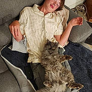 Lord Shadow is registered to the contest to win money with this photo: cat, person, long_hair, fluffy, pet, sleeping, lounging, couch, sofa, blanket, cushion, indoor, home, relaxed, portrait, sitting, casual_clothing, gray_cat, wood_floor, cozy