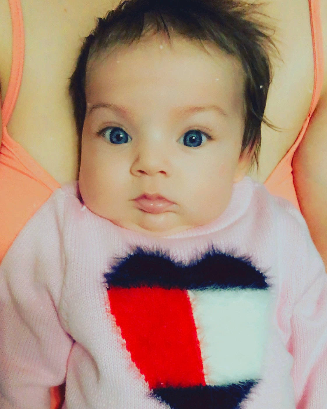 Clementine is registered to the contest to win money with this photo: baby, beauty, black_hair, brown_hair, cheek, child, child_model, chin, eye, eyebrow, face, forehead, head, iris, lip, neck, nose, person, skin, toddler