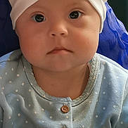 Gulnaz joined the competition — help win amazing prizes! baby, child, face, headwrap, white_headwrap, blue_clothing, polka_dot, buttons, portrait, indoor, person, cute, serious_expression, infant, young_child, sitting, closeup, baby_fashion, headwear, baby_girl