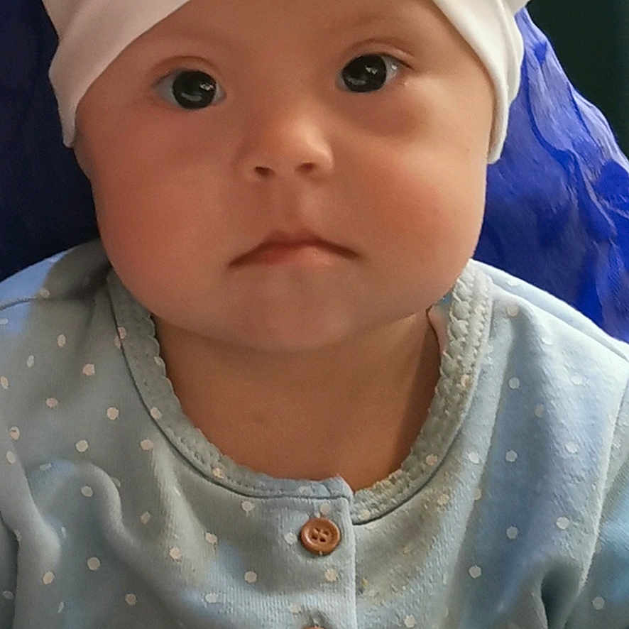 Gulnaz joined the competition — help win amazing prizes! baby, baby_fashion, baby_girl, blue_clothing, buttons, child, closeup, cute, face, headwear, headwrap, indoor, infant, person, polka_dot, portrait, serious_expression, sitting, white_headwrap, young_child