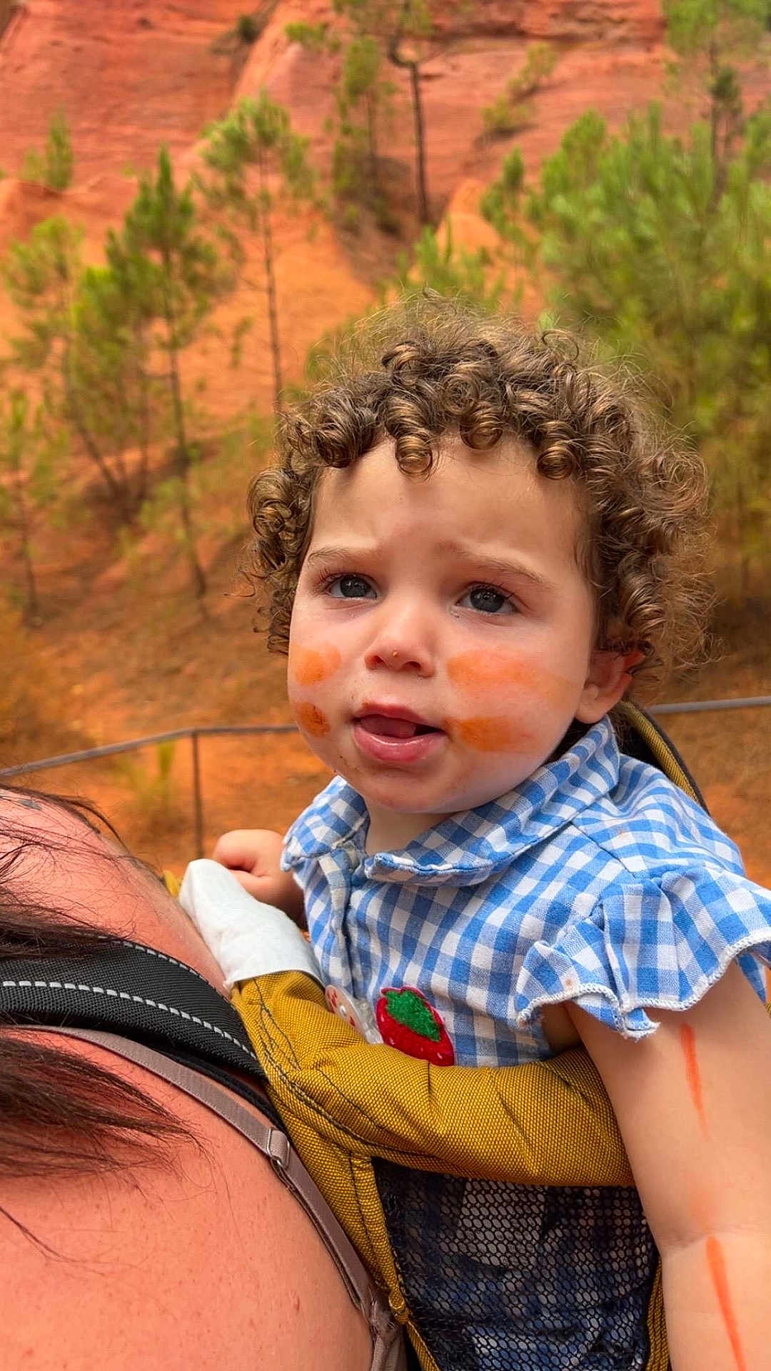 Maddy a rejoint le concours — aidez-le/la à gagner de superbes lots ! toddler, child, curly_hair, paint_smudges, baby_carrier, outdoor, nature, trees, red_soil, blue_checkered_shirt, face, expression, person, closeup, infant, summer, daylight, skin, cute, portrait