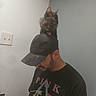 Mocha is registered to the contest to win money with this photo: cat, man, cap, tshirt, pink_floyd, indoor, wall, light_switch, beard, black_clothing, pet, animal, headwear, looking_down, feline, casual, portrait, human, hat, cute