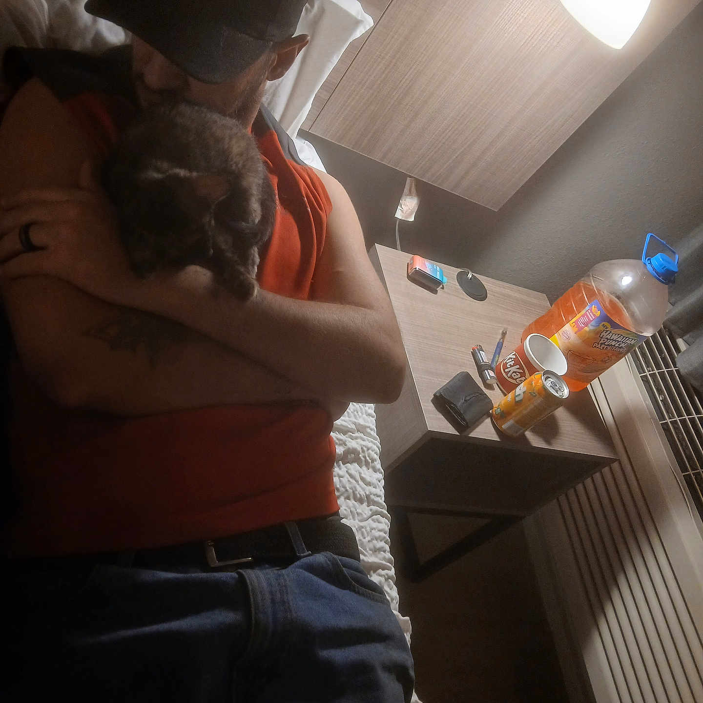 Mocha is registered to the contest to win money with this photo: man, cat, bed, cap, red_shirt, cuddling, bedside_table, lamp, drink_bottle, cans, wallet, pens, indoor, relaxed, cozy, casual, jeans, tattoo, nighttime, intimate