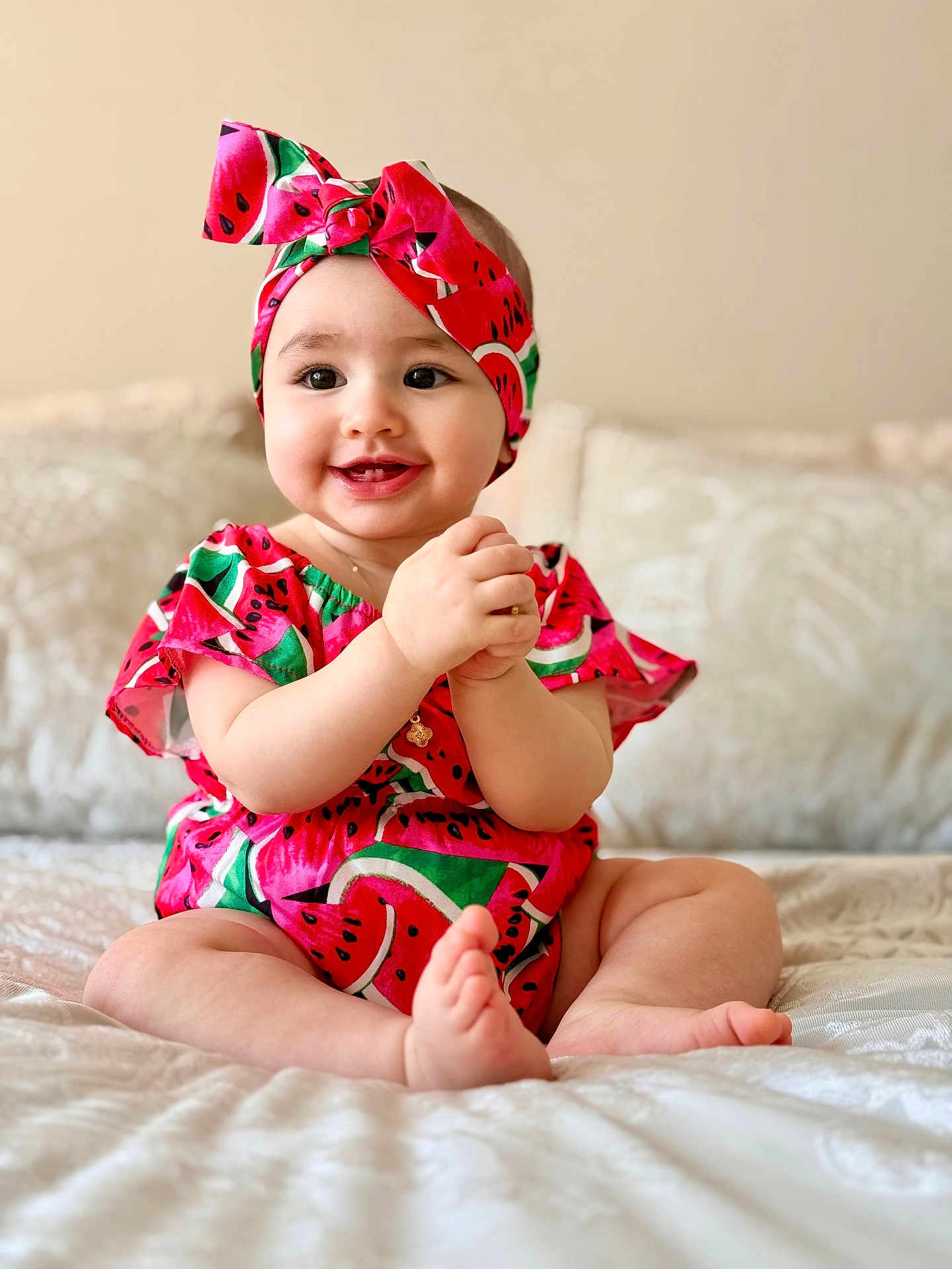 Celine participe au concours pour gagner de l'argent avec cette photo : baby, infant, smiling, clapping, watermelon_print, headband, sitting, bed, soft_fabric, cute, happy, child, portrait, indoors, playful, clothing, person, skin, face, cute_outfit