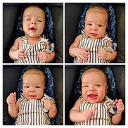Mateo joined the competition — help win amazing prizes! baby, infant, child, portrait, expression, smile, winking, clothing, striped_outfit, seat, pacifier, hands, face, cute, happy, joyful, collage, blue, background, star_pattern