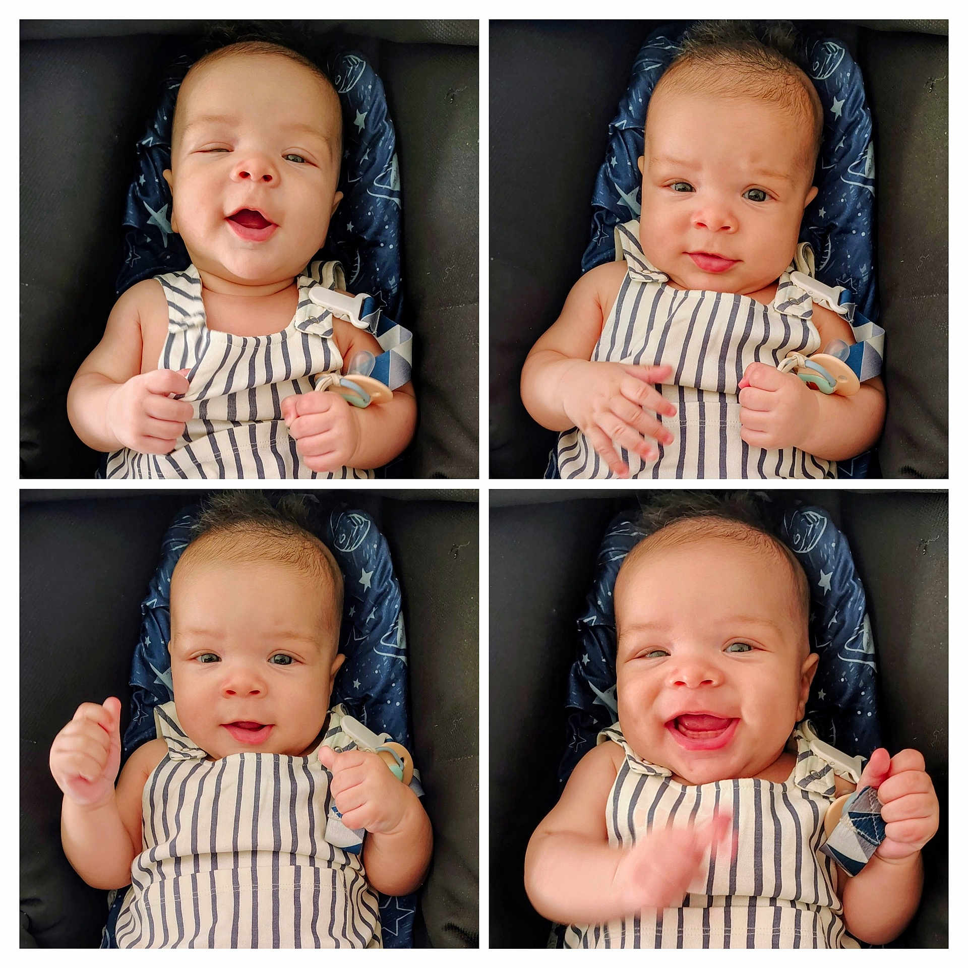 Mateo joined the competition — help win amazing prizes! baby, infant, child, portrait, expression, smile, winking, clothing, striped_outfit, seat, pacifier, hands, face, cute, happy, joyful, collage, blue, background, star_pattern