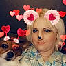 Lil Boy joined the competition — help win amazing prizes! woman, dog, selfie, heart_filter, pink_ears, red_hearts, blonde_hair, casual_clothing, indoor, pet, cute, love, face, portrait, fun, animal, companion, closeup, smile, digital_filter