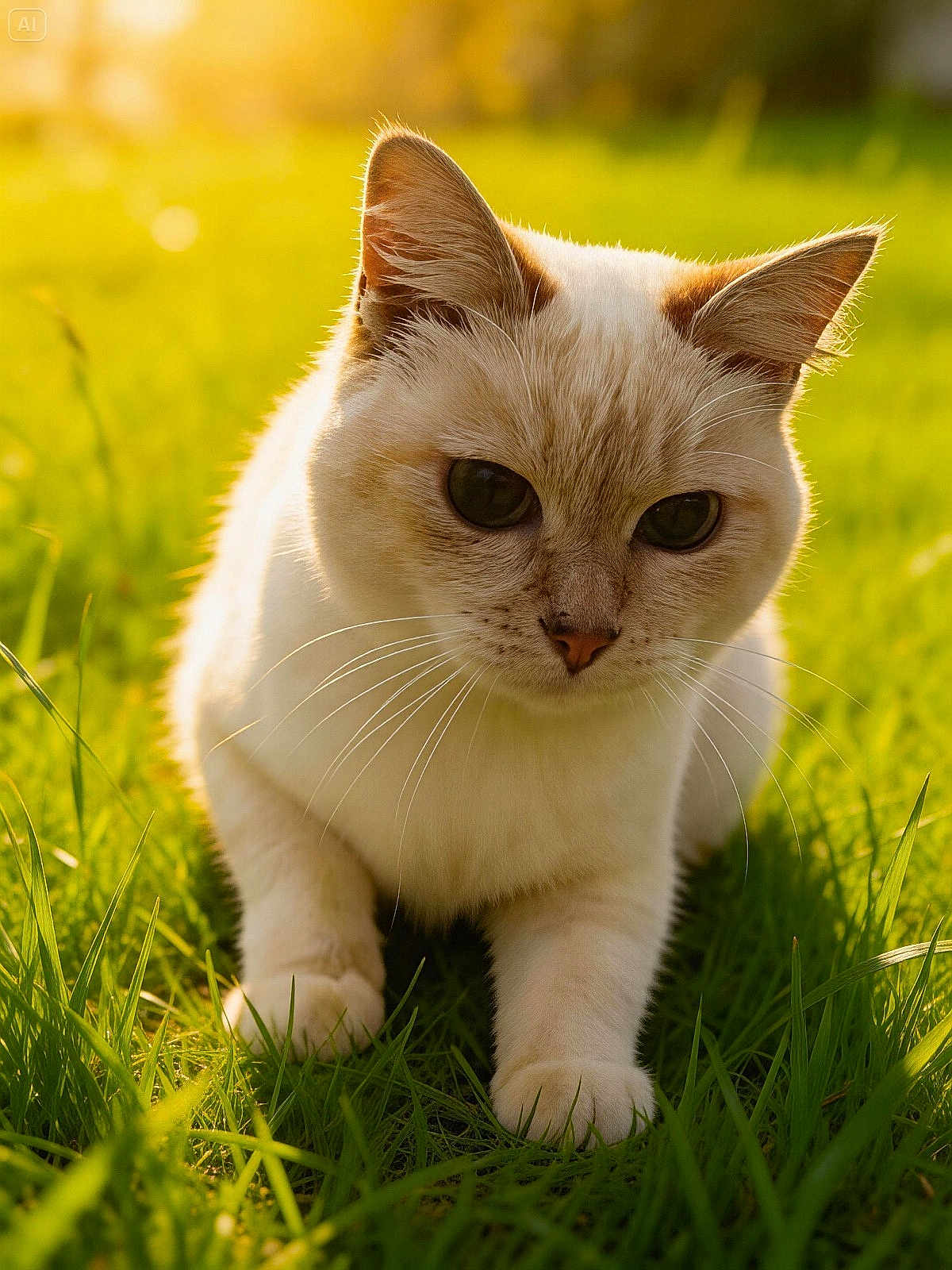 Olympe participe au concours pour gagner de l'argent avec cette photo : cat, feline, pet, grass, outdoors, sunlight, whiskers, paws, close_up, portrait, green, nature, cute, domestic_cat, ears, fur, meadow, playful, summer, ground