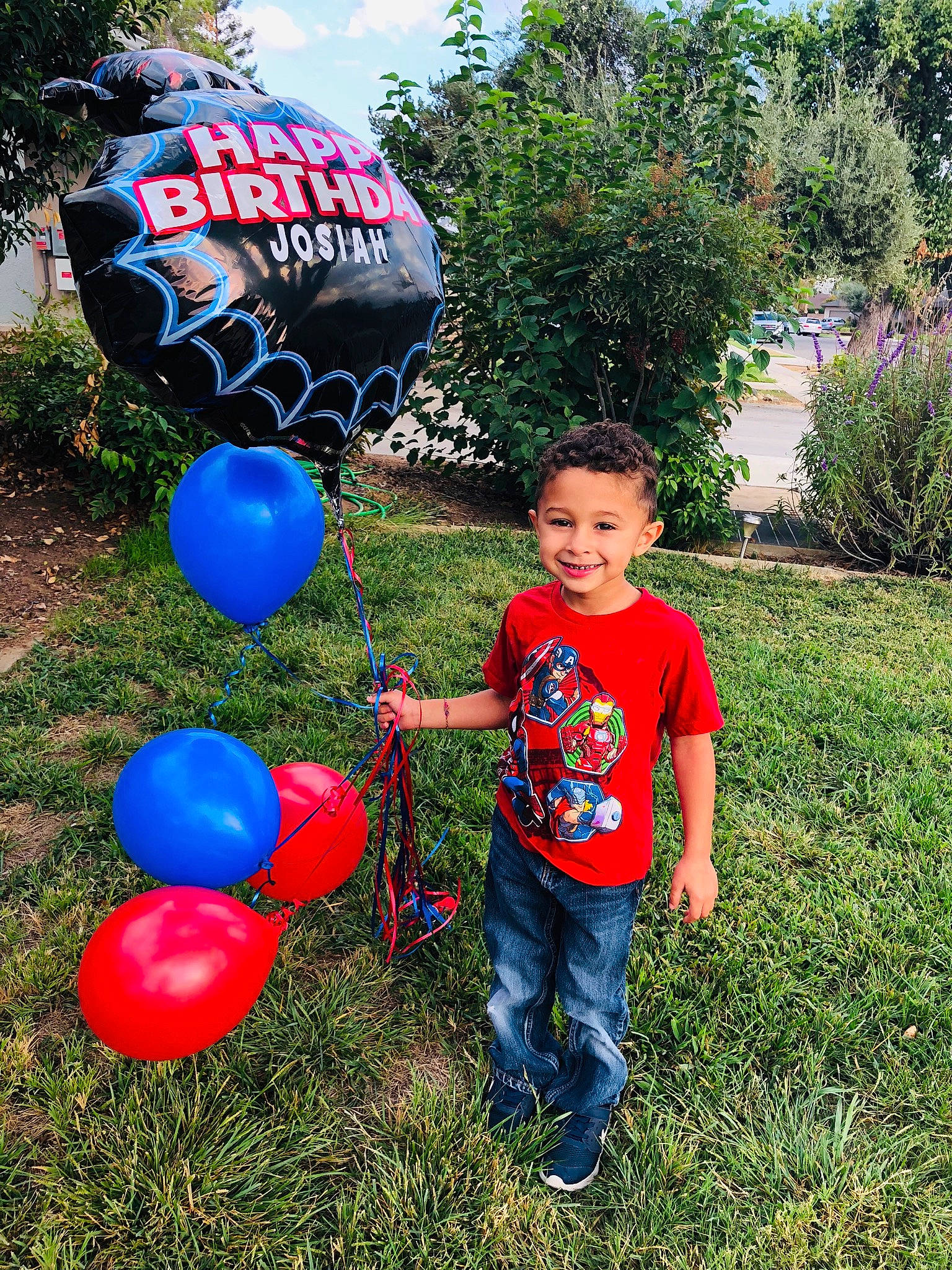 Josiah joined the competition — help win amazing prizes! balloon, child, fun, garden, grass, joy, leisure, party, party_supply, person, plant, play, smile, toddler, tree, vacation