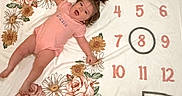 Rosalea is registered to the contest to win money with this photo: baby, child, infant, portrait, lying_down, smiling, happy, floral_blanket, milestone_blanket, week_eight, flowers, daisies, roses, sunflowers, pink_outfit, onesie, indoor, closeup, calendar, celebration