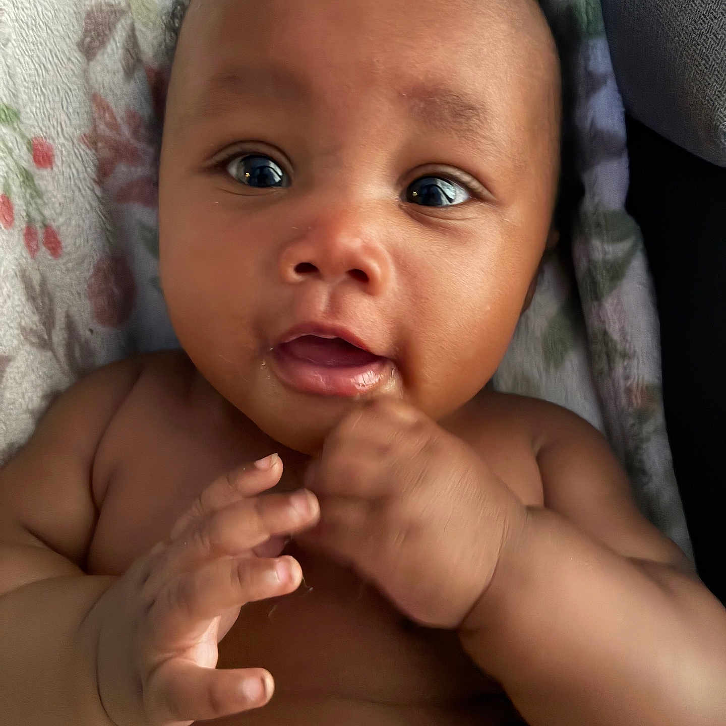 Izzabelle is registered to the contest to win money with this photo: baby, infant, child, portrait, close_up, face, eyes, hands, fingers, curious, awake, lying_down, blanket, fabric, cushion, indoor, skin, mouth, head, photography