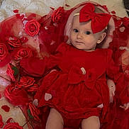 Amelya participe au concours pour gagner de l'argent avec cette photo : baby, infant, child, red_dress, bow, headband, roses, rose_petals, blanket, plush, lying_down, portrait, big_eyes, cute, valentine_theme, heart_confetti, fabric_tulle, indoor, charming, solemn_smile