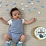 baby, infant, blue_clothing, knitwear, shoes, blanket, clouds, cake, celebration, milestone, two_months, cute, lying_down, smiling, portrait, indoor, soft_lighting, white_shirt, small_toddler, baby_shoes