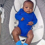 Djihad participe au concours pour gagner de l'argent avec cette photo : baby, infant, blue_onesie, blue_socks, baby_seat, gray_fabric, white_cushion, face, legs, arms, child, indoors, cute, portrait, baby_clothing, seat_belt, expression, human, newborn, relaxing