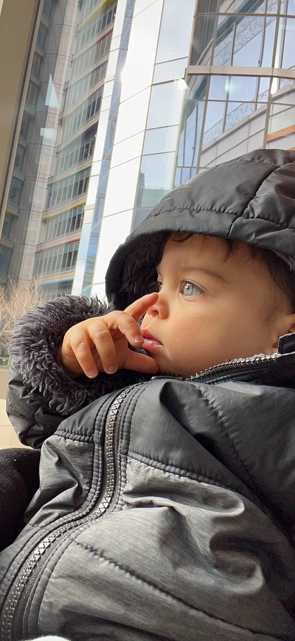 Ismael is registered to the contest to win money with this photo: baby, building, cap, cheek, child, cool, eyelash, fashion_accessory, fur, gesture, headwear, lip, outerwear, person, sitting, sleeve, toddler, window, winter