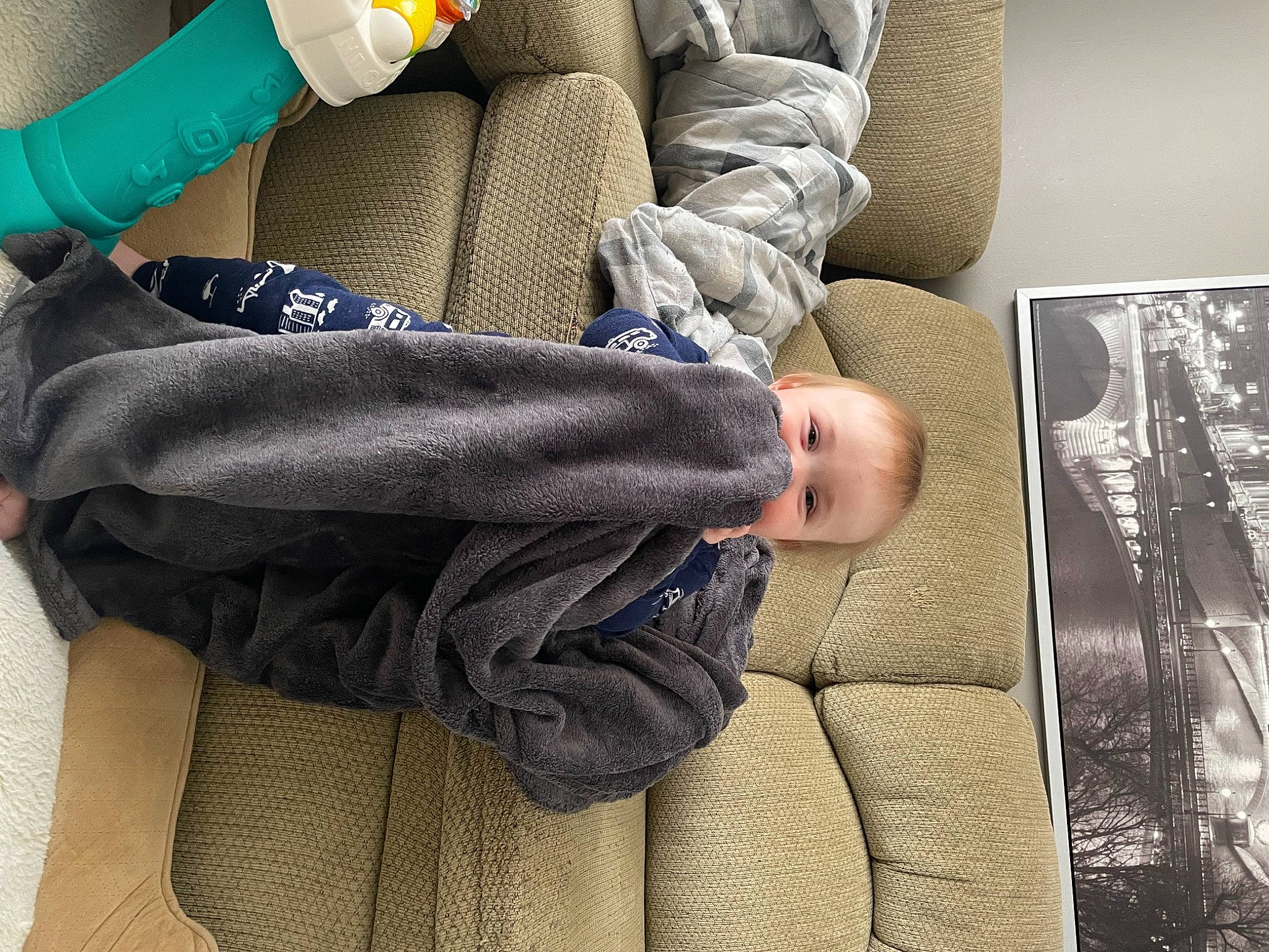 Hank joined the competition — help win amazing prizes! baby, baby_products, baby_toddler_clothing, child, comfort, couch, denim, electric_blue, gesture, grey, human_leg, knee, linens, outerwear, pattern, person, sitting, sleeve, textile, toddler