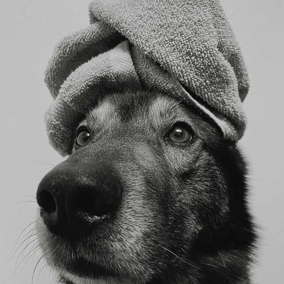 Bane is registered to the contest to win money with this photo: dog, towel, black_and_white, close_up, portrait, pet, fur, animal, headwear, indoors, looking_away, cute, muzzle, whiskers, expression, texture, soft_light, canine, domestic_animal, face