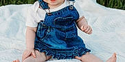 Lenny joined the competition — help win amazing prizes! baby, barefoot, blue_eyes, child, cute, denim, dress, grass, happy, headband, infant, nature, orange, outdoor, person, portrait, sitting, smiling, summer, white_blanket
