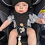 Rhett joined the competition — help win amazing prizes! baby, child, car_seat, plaid_shirt, hat, pacifier, koala_clip, black_bib, blue_eyes, shoes, socks, infant, seatbelt, sitting, cute, portrait, indoors, closeup, person, young_child