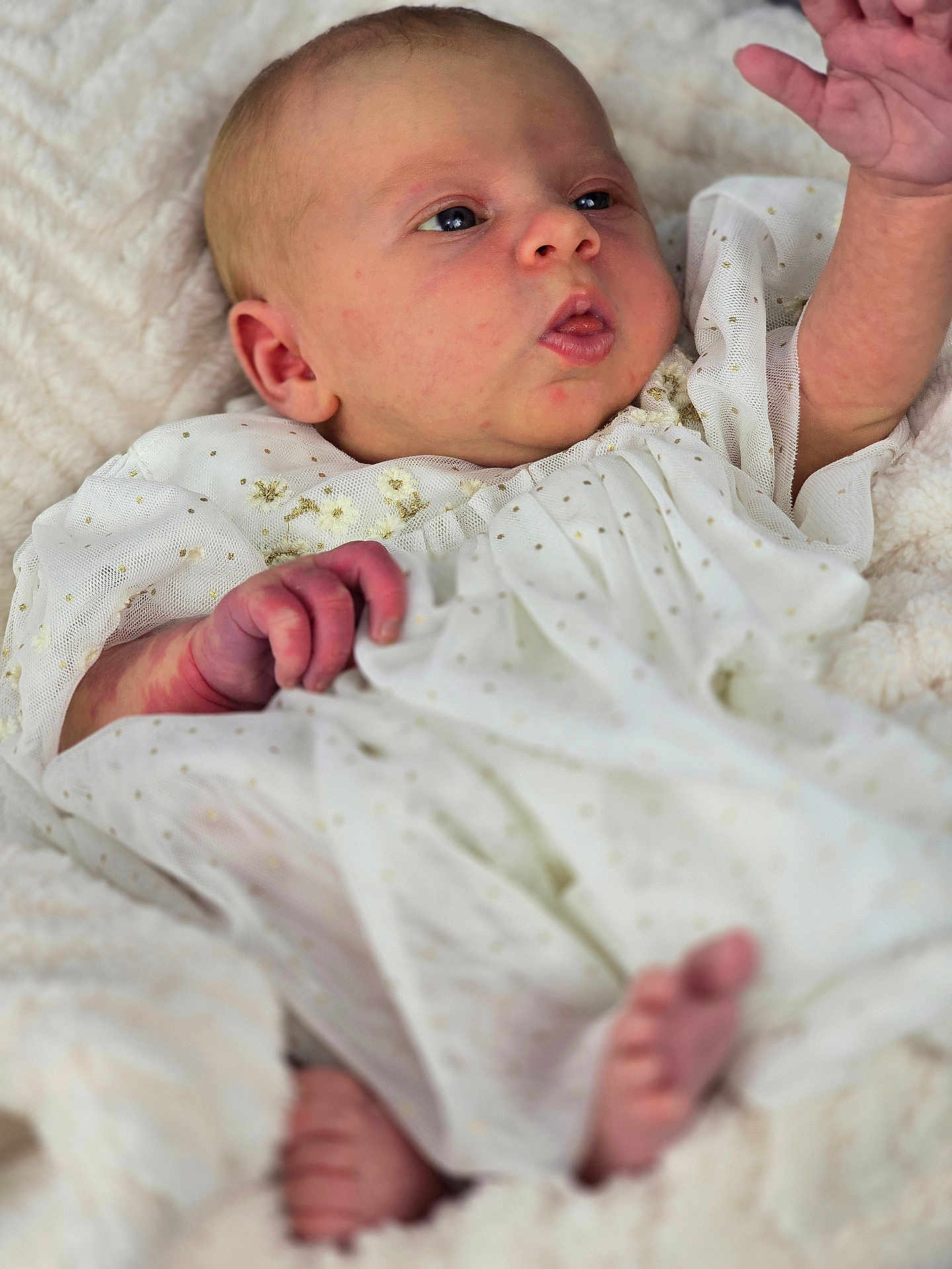 Rose is registered to the contest to win money with this photo: baby, infant, newborn, white_gown, polka_dots, blanket, soft_texture, cute, portrait, skin, hand, foot, sleepy, closeup, child, young, resting, cozy, indoors, expression