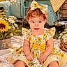 barefoot, blanket, bow, child, cute, daisy, dress, flower_basket, flower_pot, grass, nature, outdoor, picnic, portrait, smile, sunflower, sunset, toddler, vintage_truck, yellow