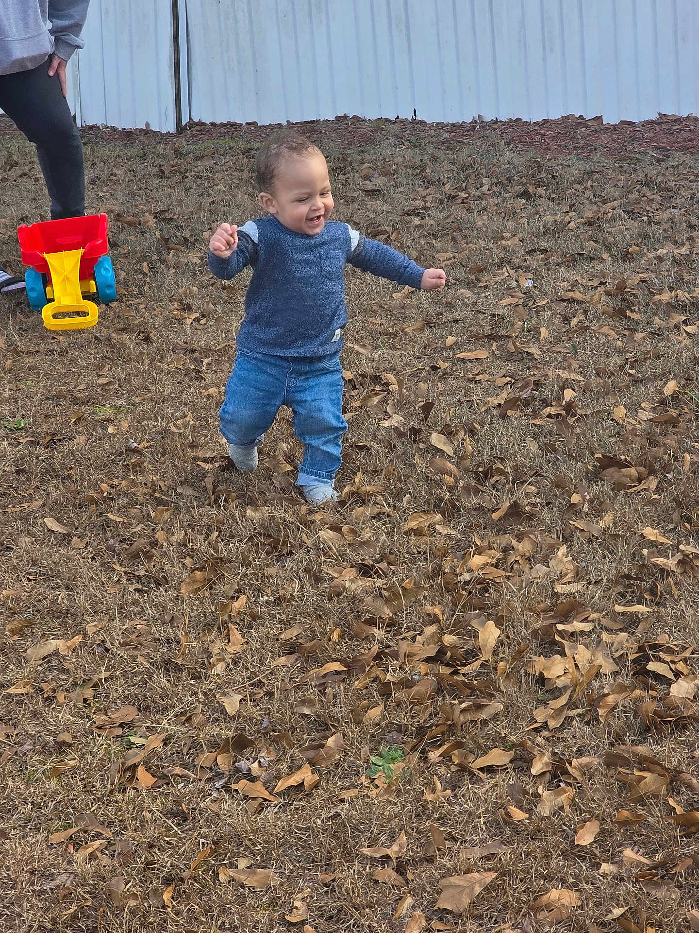 Omari is registered to the contest to win money with this photo: toddler, child, running, outdoor, grass, dry_leaves, toy_truck, jeans, sweater, adult, legs, play, happy, smile, yard, fence, casual_clothing, daylight, fun, motion