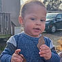 Omari is registered to the contest to win money with this photo: toddler, child, boy, leaves, outdoor, daylight, casual_clothing, holding, nature, curious, face, person, car, house, background, autumn, short_hair, blue_sweater, skin, hand