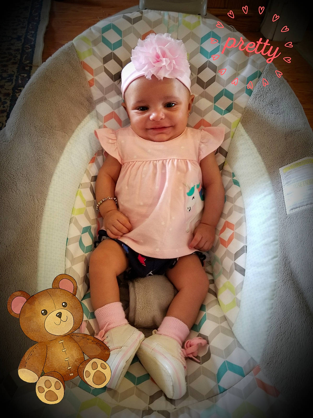 Khalia is registered to the contest to win money with this photo: baby, baby_products, baby_toddler_clothing, bonnet, cheek, child, eye, hair_accessory, headgear, joy, person, photography, pink, product, skin, smile, toddler, yellow