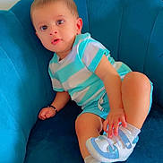 Adam participe au concours pour gagner de l'argent avec cette photo : toddler, child, blue_chair, striped_shirt, shorts, sneakers, white_socks, indoor, portrait, curious, cute, comfortable, plush, seated, young_child, baby, casual_clothing, small_hand, expression, relaxed