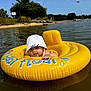Maylone participe au concours pour gagner de l'argent avec cette photo : baby, inflatable_ring, water, lake, child, hat, yellow, summer, outdoor, nature, happy, float, shore, trees, sky, sunlight, playing, recreation, vacation, fun
